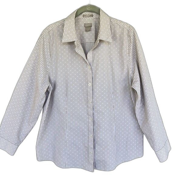 Chico’s No Iron Button Up Shirt Women 2/L Coolmax Beige Striped Preppy Career - Picture 1 of 11